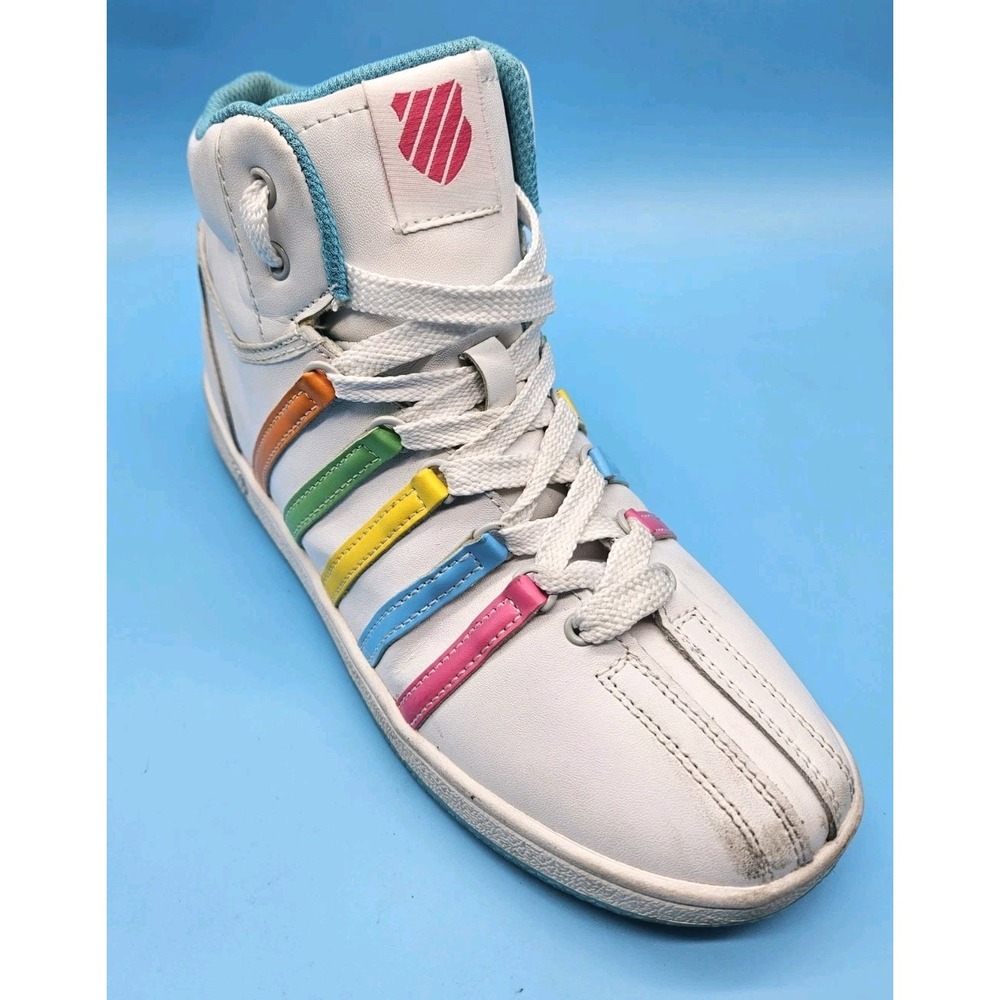 K-Swiss Classic Men's Hi-Top‎ White Sneakers Shoes Size 5.5 Rainbow